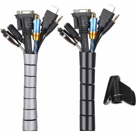 VURAHOME - Cache Cable 2 Pack,Flexible Range Cable 2m PE Cable Rangement Organisateur de Cable pour Ranger ou Cacher les cables,Gaine pour cables(1.6cm),Noir et Gris