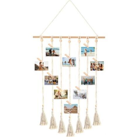 VURAHOME - Cadre Pele Mele Photo Mural,Accroche Photo en Macramé,Porte Photo Bohème,Tableau Photo avec 30 Clips en Bois,Cadre Photo Suspendu Corde
