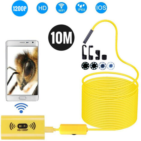 VURAHOME -Caméra Endoscope Sans Fil 8mm IP68 Étanche WiFi Inspection 2.0MP HD 8 LED Endoscope Câble Semi-Rigide pour iPhones iPads Appareils Android et PC Jaune 10M