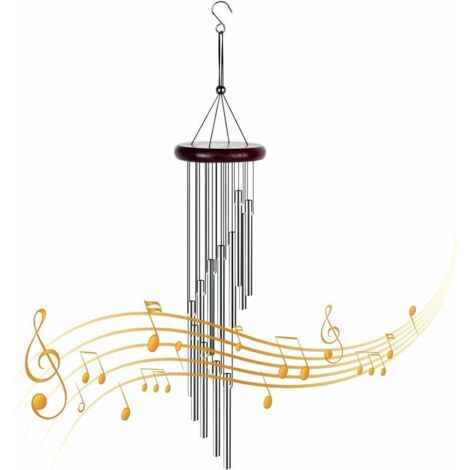 VURAHOME - Carillons à Vent Extérieur Carillons Éoliens avec 12 Tube en Aluminium en Bois Carillons de Vent Mélodieux Carillon à Vent Musical pour Jardin Intérieur Patio Balcon, Argent