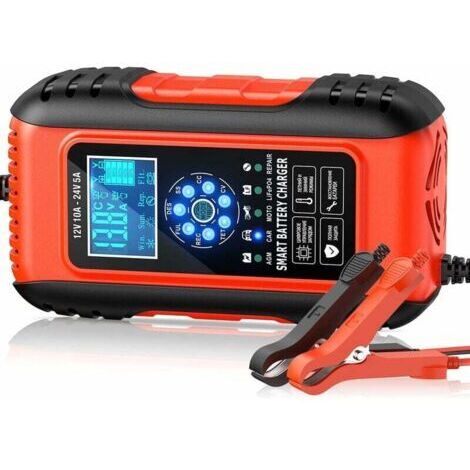 VURAHOME - Chargeur batterie intelligent 10A12V/5A24V, mainteneur + réparation auto, écran LCD, pour auto/moto/camion (AGM/Gel/Wet/SLA)