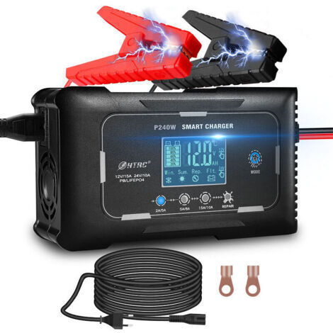 VURAHOME - Chargeur de batterie intelligent 12V/24V 15A – Charge rapide pour lithium et plomb – Protection contre surcharge et inversion de polarité - LiFePO4
