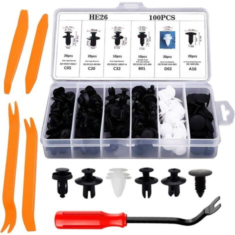 VURAHOME - Clips Voiture 100 Pièces Rivet Clips Plastique Fixation Noir Universel pour Auto Voitures Panneaux Garnitures de portières avec Boîtier de Rangement et Outil Démontage Installation