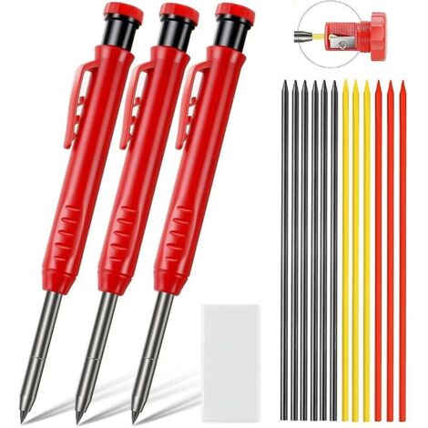 VURAHOME - Crayon de chantier extensible robuste, crayon de charpentier avec 6 recharges et gomme, crayon mécanique, taille-crayon intégré, marque de menuiserie