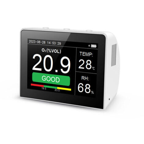 VURAHOME - Détecteur qualité d’air 3 en 1 O2/Humidité/Température de bureau multifonction, moniteur intérieur/extérieur O2, thermohygromètre numérique 3,5 pouces avec enregistreur de données, batterie