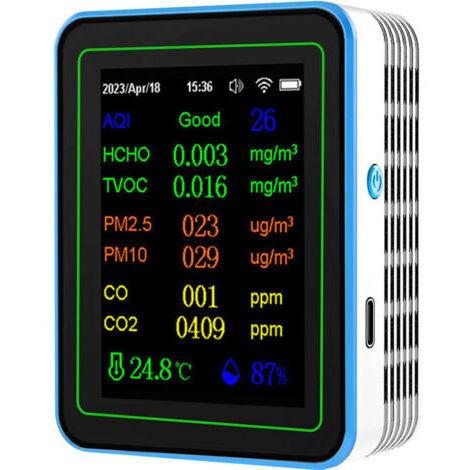 VURAHOME - Détecteur qualité d’air WiFi 12 en 1, détecteur dioxyde de carbone avec affichage date/heure, AQI PM2.5 PM10 HCHO TVOC CO CO2 température humidité, testeur qualité d’air pour bureau école,d