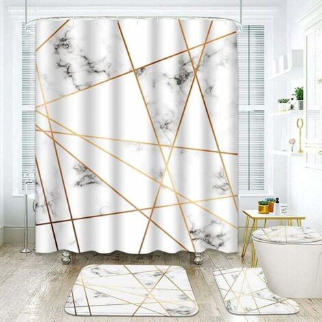 VURAHOME - Ensemble de 4 rideaux de douche Turquoise Marbre Texture Or Noir Géométrique Rose Pierre Abstrait Moderne Vintage avec Tapis Antidérapants Couvercle De Toilette Et Tapis De Bain Ensemble De