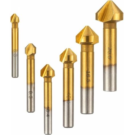 VURAHOME - Fraise pour perceuse　6 Pcs Fraise à Noyer Fraise Conique Chanfreiner 90° HSS 6,3mm 8,3mm 10,4mm 12,4mm 16,5mm 20,5mm Dents Revêtement Titane Outil Fraise à Ébavurer Cylindrique pour Bois Mé