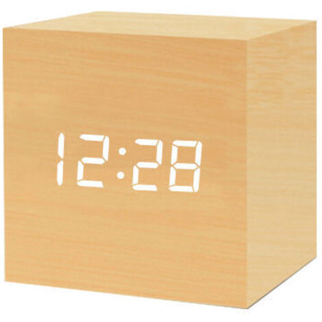 VURAHOME - horloge en bois led horloge électronique créative horloge numérique carrée mini petit réveil thermomètre horloge de chevet(log caractères blancs)