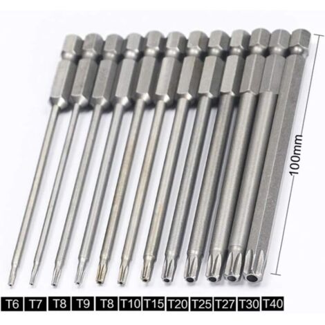 VURAHOME - Jeu de 11 embouts longs Torx pour tournevis et visseuse électrique - Embouts magnétiques - Tige hexagonale de 1/4 - Tailles T6 à T40 - Longueur 100 mm