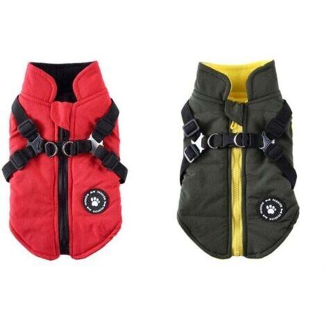 VURAHOME - (L) Rouge + Vert Manteau Chien Veste avec Harnais pour Petits et Moyens Chiens , XU,imperméable Manteau Chien Veste Chaud rembourré Puffer Chien Chien vêtements Chiot Manteau de Chien -