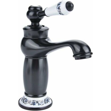 VURAHOME - Laiton Antique Céramique Lavabo Robinet Lavabo Robinet Bleu et Blanc Porcelaine Bassin Robinet Long Cou Vintage Bassin Robinet Cuisine Robinet Eau Froide/Chaude Robinet (Noir)