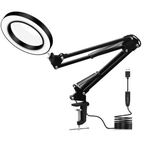 VURAHOME - Lampe loupe - Loupe avec lumière 5 dioptries - avec clip, bras pivotant, intensité variable - Lampe de lecture, Craft - Grossissement 5x, Noir