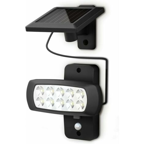 VURAHOME -Lampe solaire LED extérieur IP44, détecteur de mouvements PIR, projecteur mural maison terrasse balcon noir, protégé contre des éclaboussures, lumière blanche froide