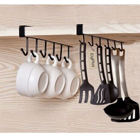 VURAHOME - Lot de 2 crochets de rangement pour lunettes, ustensiles de cuisine, dent et écharpe, crochet inférieur pour armoire, pas de perçage nécessaire, noir,de
