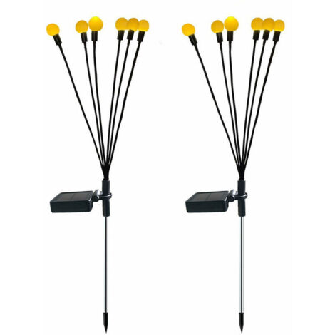 VURAHOME -Lot de 2 lampes solaires à 6 têtes avec luciole solaire Contrôle intelligent de la lumière Prise de terre étanche pour l'extérieur Décoration d'ambiance de jardin (blanc chaud, boîtier de ba