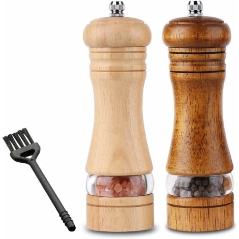 VURAHOME - Lot de 2 Moulins à Poivre et Sel, Manuel Moulins à Épices, Moulin à Poivre en Bois, Réglables Broyeur d'Épices en Céramique, Salière et poivrière,avec Brosse de Nettoyage, Hauteur 16,5 cm