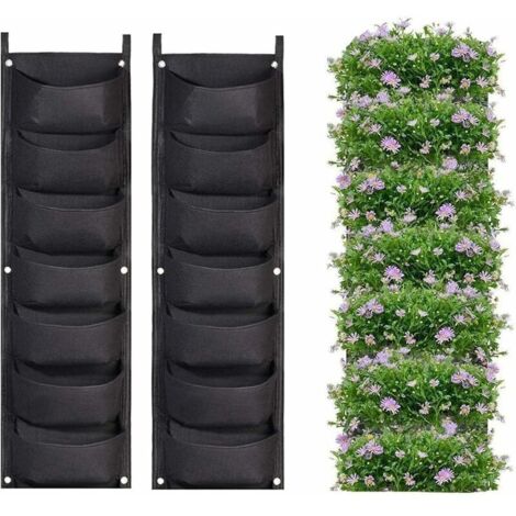VURAHOME - Lot de 2 sacs de jardinière à suspendre, 7 poches pour jardinière murale verticale, sacs de plantation suspendus pour intérieur, extérieur, jardinage, pot de fleur vert vertical (noir),