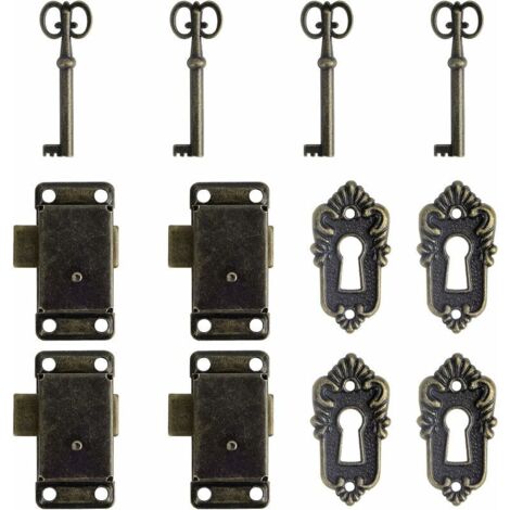 VURAHOME - Lot de 4 serrures de placard antiques en alliage de zinc vieilli avec 4 boutons de tiroir vintage Bronze antique Pour casiers Boîte aux lettres Boîte à bijoux Vitrines,