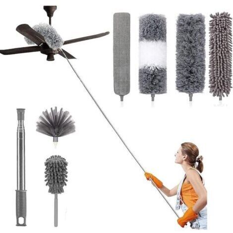 VURAHOME - Lot de 7 Plumeau Poussière Télescopique Microfibre Nettoyage Kit avec Poignée Inoxydable Lavable Têtes Amovibles Balai Antipoussière pour Plafond Rideau Ventilateur Toiles d'araignée Stores