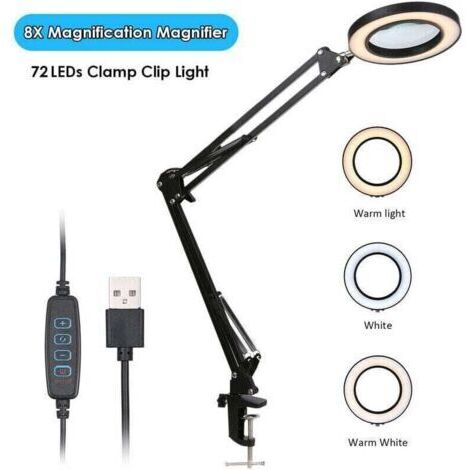 VURAHOME - Loupe avec pince à LED Grossissement 8X 10 niveaux, XU, De luminosité réglable, XU,luminosité 3 couleurs Changement température Lampe bureau Alimenté USB support flexible -