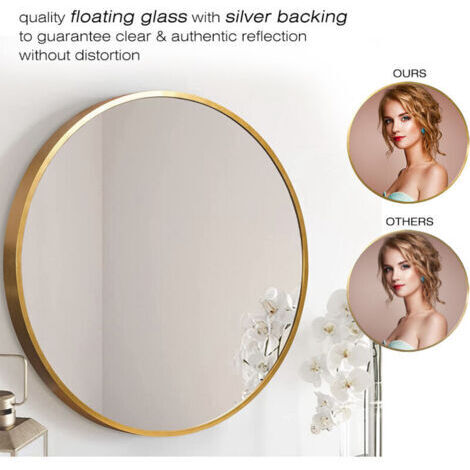 VURAHOME - Miroir mural, Ohjijinn Miroir circulaire pour mur, miroir rond mural de 60 cm avec cadre en aluminium brossé doré pour entrée, salle de bain, salle de bain, salon, chambre à coucher