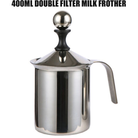 VURAHOME - Mousseur à lait portable à double maille pour mousseur à lait Cappuccino Mousseur à lait avec couvercle en acier inoxydable Capacité de 400 ml/14,1 oz