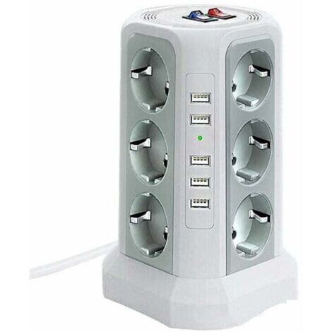 VURAHOME - Multiprise parafoudre 12 prises + 5 USB blanc - Alimentation électronique - Maison/bureau - 3 interrupteurs, anti-surtension - Ménages et bureaux