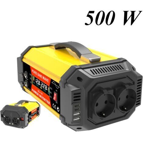 VURAHOME - Onduleur à onde sinusoïdale pure 500 W 12 V à 230 V pour système solaire/maison/extérieur/camping-car/camping Onduleur avec 2 prises CA, 2 USB, 2 Type-C, 2 ports PV CC.