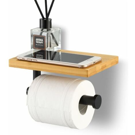 VURAHOME - Porte Papier Toilette avec Etagère Bambou Salle de Bain Porte Rouleau en Pas de coups Acier Inoxydable Support Mural Noir Mat, BPH220BA-BK (Pas de coup de poing)