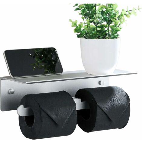 VURAHOME - Porte Papier Toilette Mural Aluminium Double Support Hygiénique Rouleau avec Plateforme de Rangement sans Perçage avec Protection de Bord et Anti-Chute pour Salle de Bain WC Argent