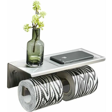 VURAHOME - Porte-Papier Toilette Mural avec Etagère de Rangement Support de Téléphone. Acier Inoxydable Brossé. pour Deux Rouleaux