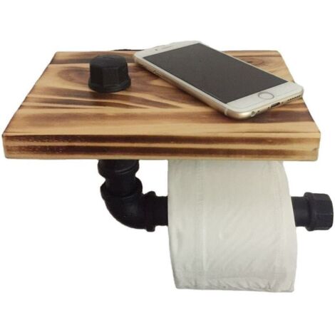 VURAHOME - Porte-rouleau en Papier Toilette Design Rétro Métal Tube Étagère Ensemble de Rangement avec Plateau en bois Noir
