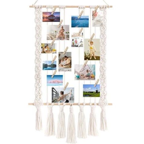 VURAHOME - Présentoir Photo à Suspendre avec 30 Pinces en Bois, Support Mural en Macramé, Cadre Photo de Collage pour Décoration Bohème