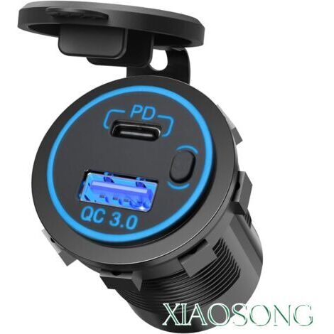VURAHOME - Prise Allume Cigare Double USB pour Voiture Bateau et Camion, 12V 24V 36W PD Type-C + QC3.0 Charge Rapide Bouton Start Anneau LED Bleu-