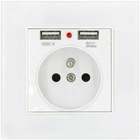VURAHOME - Prise de Courant Panneau en Verre Prise Standard Français Murale avec Indicateur de Puissance de Charge Usb Double 2.1A, Prise Standard Français Encastrée 16A 250V Blanc