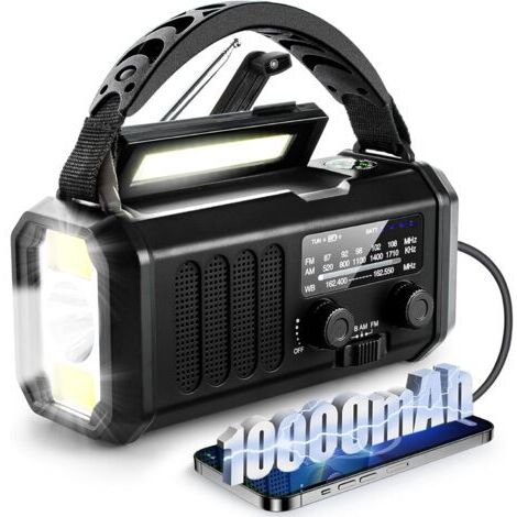 VURAHOME - Radio météo d'urgence, meilleure batterie portable 10 000 mAh, manivelle, radios solaires AM/FM, chargeur de téléphone de type C, lampe de poche, lampe de lecture, boussole, alerte de survi