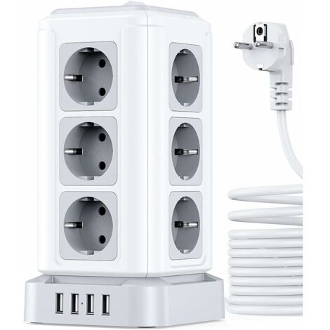 VURAHOME - Rallonge multiprise avec surtension,Tour Multiprise Electrique avec 4 Ports USB et 12 Prises, multiprise avec Interrupteur Individuel, 5M Cordon, Blanc (4000W/16A)