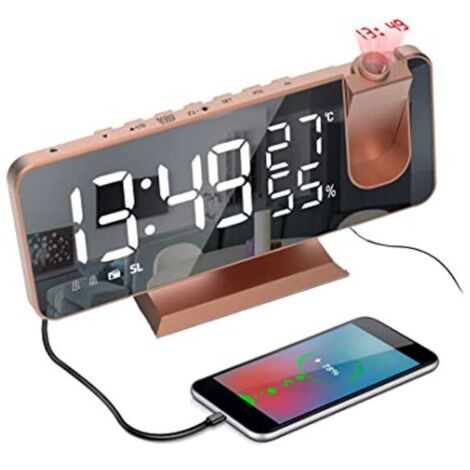 VURAHOME - Réveil à Projection Plafond Horloge Digitale avec Gradateur D’écran Miroir et De Projecteur 15 Volume 2 Sonnerie FM Radio Reveil- Or Rose