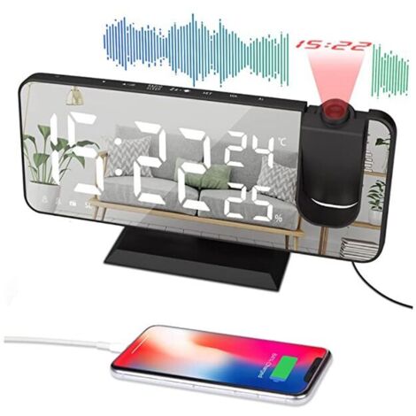 VURAHOME - Réveil à Projection Plafond Radio FM - Réveil Electronique Enfant Écran Miroir Double Alarmes Affichage Température Et Humidité 4 Niveaux De Luminosité-Noir