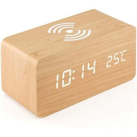 VURAHOME - Réveil Numérique, Horloge en bois rechargeable sans fil，Alarm Réveil LED avec TempératureSnooze pour Enfant,Maison,Couleur du bois de bambou