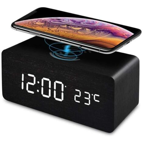 VURAHOME - Réveil Numérique, Horloge Numérique LED Horloge Digitale Réveil Bois avec Chargeur sans Fil 5W Température/Snooze/ 3 Alarme/12/24 Heures/Luminosité Réglable pour Enfant,Ado,Maison,Burea,