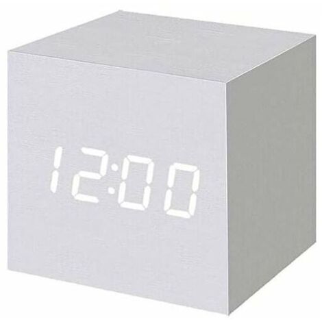 VURAHOME - Réveil numérique LED en bois, horloge cube numérique avec affichage de la date et de la température, prise USB/batterie (blanc)