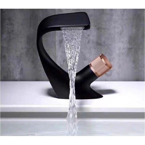 VURAHOME -  Robinet de lavabo cascade, robinet de lavabo de luxe lumière chaude et froide (volant doré monotrou en cuivre noir)