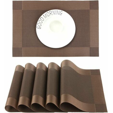 VURAHOME - Sets de Table PVC Antidérapant Lavable Résiste à la Chaleur Rectangulaire Vinyle Set de Table pour Restaurant, Table à Manger en Cuisine ou Salle à Manger, 45 x 30 CM Lot de 6 (Brun)
