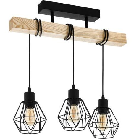 VURAHOME - Suspension luminaire , lustre à 3 lampes, abat-jour suspendus au design vintage et industriel, éclairage rétro en acier noir et bois, douille E27