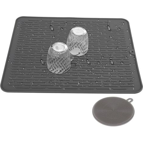 VURAHOME - Tapis de Séchage Vaisselle en Silicone Gris 45x40CM avec Brosse de Nettoyage Tapis Anti-dérapant Résistant à la Chaleur pour la Vaisselle