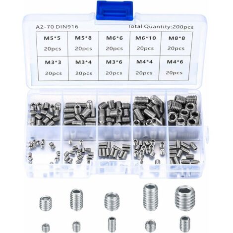 VURAHOME -Vis Sans Tête en Acier Inox, M3 M4 M5 M6 M8 Vis à Métaux, Assortiment Kit de Fixations Vis Pointeau，（200Pcs)