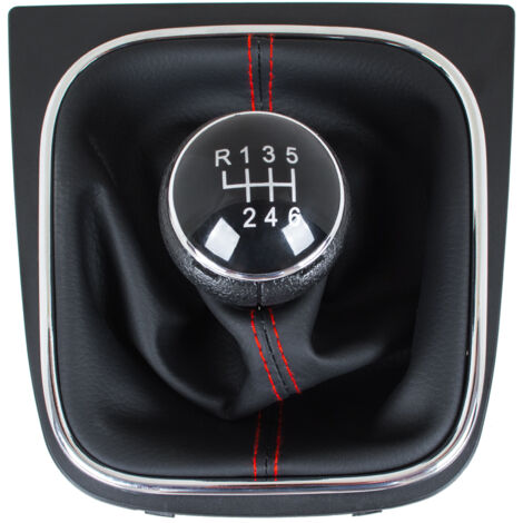 VW Golf V 03-08 Schaltknauf + SCHWARZE Schaltmanschette mit ROTEM Faden und CHROM-Rahmen 6-GANG