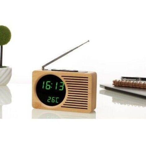 W-B Radio de chevet rétro en bois réveil paresseux muet réveil cadeau créatif horloge électronique 16.5 4.5 9 cm miroir en bambou véritable lumière